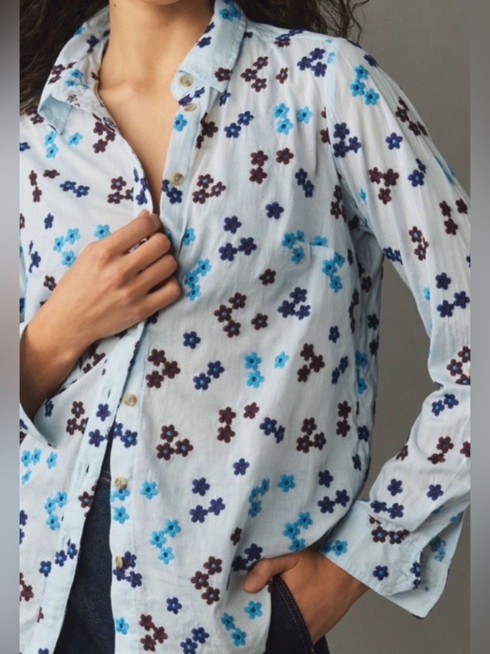 Anthropologie Maeve Embroidered Long Sleeve Buttondown Top, NEW